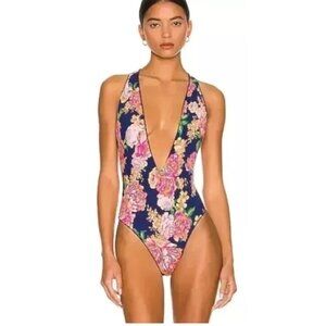 Maaji Deep Plunge T-Back Reversible Floral Blue Sexy One-Piece Swimsuit S NWT